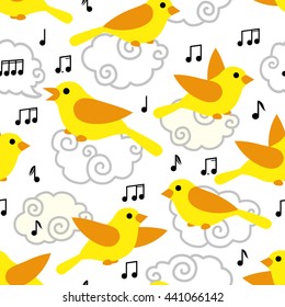 Seamless pattern with cute cartoon birds and notes in the sky. Art vector illustration.