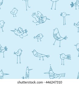 Seamless pattern with cute cartoon birds on blue  background. Vector contour image. Doodle style. 