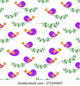 Seamless pattern with cute cartoon birds on branches in springtime