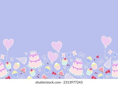 Nahtlose Muster süße Cartoon Geburtstagsfeier Hintergrund Banner Vektorgrafik mit Kuchen, Ballon, Krone, Garland.