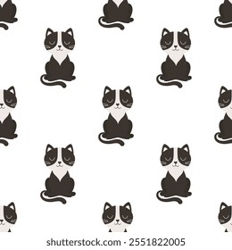 seamless pattern with cute cartoon black cat, vector colorful background in flat style