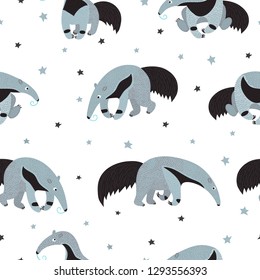 Seamless pattern with cute cartoon blue ant-eater and stars. Baby print.