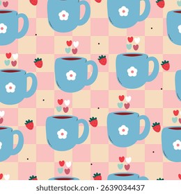 seamless pattern cute cartoon blue cup with hearts. cute drawing for beverage pattern and wallpaper