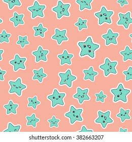  Seamless pattern with cute cartoon blue stars on a pink background. The design concept of the print for children. Vector Illustration.