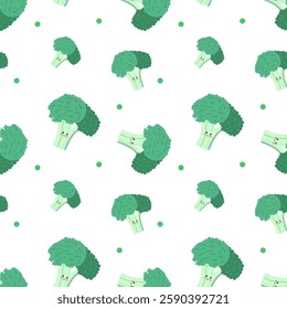 Seamless pattern with cute cartoon broccoli character. Vector illustration in flat style. Cute cartoon vegetables character. Eco veggies.