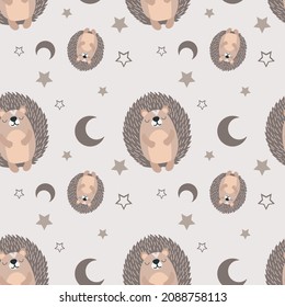 seamless pattern cute cartoon brown hedgehog with stars and moon. Hand drawn vector illustration