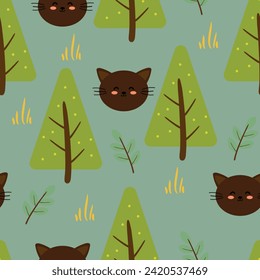 Patrón sin foco con adorables gatos marrones de dibujos animados, para papel de tela, textil, envolver regalo. vector colorido de los niños, de estilo plano
