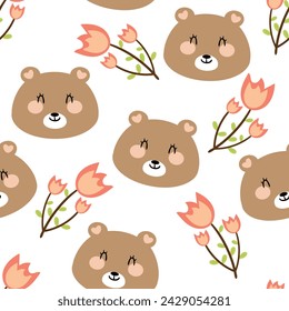 Patrón sin costura con los osos marrones lindos de la historieta y las flores para la impresión de la tela, el textil, el papel de envoltura del regalo.