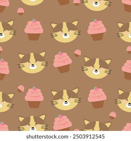 Seamless pattern with cute cartoon brown cats, for fabric prints, textiles, colorful gift wrapping paper for children, flat style