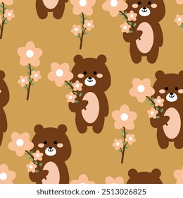 Seamless pattern with cute cartoon brown bear holding flowers for fabric prints, textiles, gift wrapping paper. children's flat and colorful style