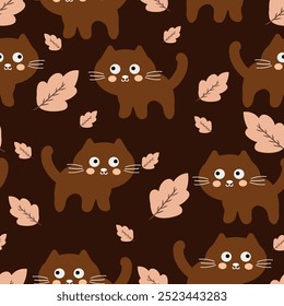 Seamless pattern with cute cartoon brown cats, for fabric prints, textiles, gift wrapping paper. children's flat and colorful style