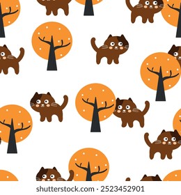 Seamless pattern with cute cartoon brown cats, for fabric prints, textiles, gift wrapping paper. children's flat and colorful style