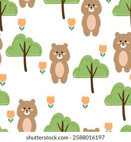 Seamless pattern with cute cartoon brown bears and tree, for fabric prints, textiles, gift wrapping paper. children's flat and colorful style