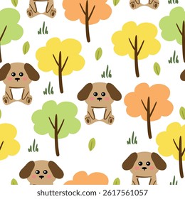 Seamless pattern cute cartoon brown puppy with tree element and plant. cute animal drawing for wallpaper, pattern, background