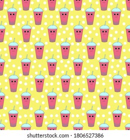 Seamless pattern with cute cartoon bubble tea. Vector illustration.