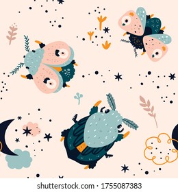 Seamless pattern with cute cartoon bug, moth, butterfly, stars and plants. Pattern in pastel colors. Creative texture for print, textile, wallpaper, apparel, fabric, wrapping paper, kids clothing