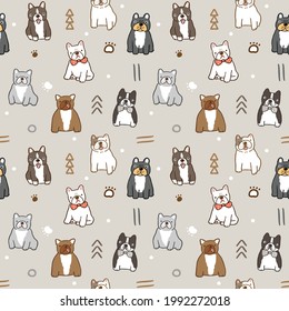 Seamless Pattern of Cute Cartoon Bulldog Illustration Design on Light Grey Background