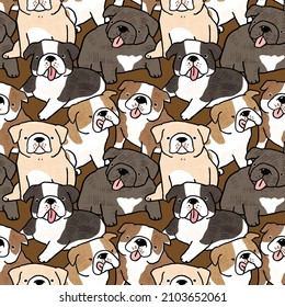 Seamless Pattern with Cute Cartoon Bulldog Puppy Design on Brown Background