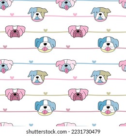 Seamless Pattern with Cute Cartoon Bulldog Face, Heart and Line Design on White Background