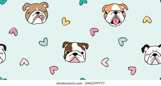 Patrón sin fisuras de la cara y del corazón del bulldog lindo de la historieta sobre fondo verde claro