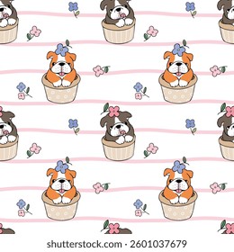 Seamless Pattern with Cute Cartoon Bulldog Dog and Flower Design on White Background with Pink Lines. Hand Drawn Vector Illustration. Not AI Generated.