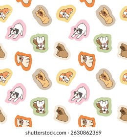 Seamless Pattern with Cute Cartoon Bulldog Design on White Background. Hand Drawn Vector Illustration. Not AI Generated.