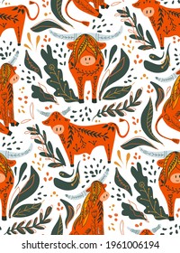 Seamless pattern with cute cartoon bulls and bison with folk pattern on white background. Oriental New Year symbol with floral pattern. Cattle with tribal ornaments. Flat texture for wallpaper, fabric