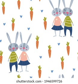 Seamless pattern with cute cartoon bunnies, carrots and hearts. A pair of bunnies in love.
