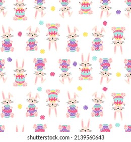 Seamless pattern with cute cartoon bunnies with colorful Easter eggs. Children's drawing with a pencil texture for backgrounds, fabric, wrapping paper for a holiday. Vector illustration