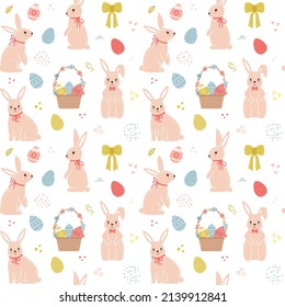 Seamless pattern with cute cartoon bunnies and Easter eggs, wicker basket and texture strokes. For wrapping paper, textiles, souvenirs. Color vector illustration on a white background.