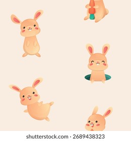 Seamless pattern with cute cartoon bunnies. Children's repeat pattern of pretty rabbits. Adorable animals in various playful poses, isolated on white. Kids print with funny pets. Vector illustration.