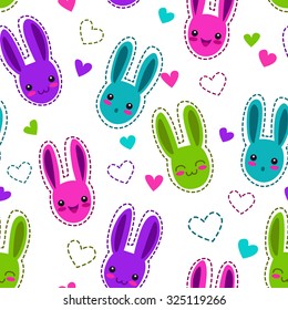 Seamless pattern with cute cartoon bunnies and hearts on white background, vector texture, holidays childish wrapping paper design