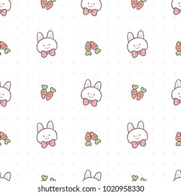 Seamless Pattern of Cute Cartoon Bunny Face and Carrot Design on White Background with Pink Dots