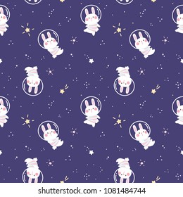 Seamless Pattern of Cute Cartoon Bunny Floating in the Space with Stars on Deep Blue Background