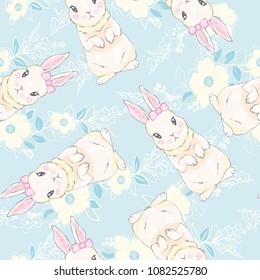 Seamless pattern with cute cartoon bunny. Baby pattern.