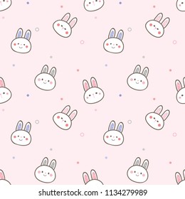 Seamless Pattern of Cute Cartoon Bunny Face Design on Pink Background with Dots