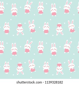 Seamless Pattern of Cute Cartoon Bunny Design on Pastel Green Background with Stars