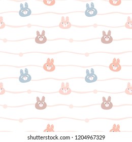 Seamless Pattern of Cute Cartoon Bunny Face and Wavy Line Design on White Background