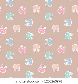 Seamless Pattern with Cute Cartoon Bunny Face Design on Brown Background
