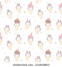 Seamless Pattern with Cute Cartoon Bunny Face Design with Ice Cream and Carrot on White Background