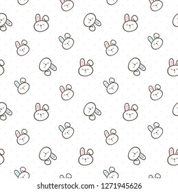Seamless Pattern of Cute Cartoon Bunny Design on White Background with Pink Dots