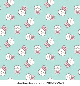 Seamless Pattern with Cute Cartoon Bunny Face Design on Pastel Green Background with Dots