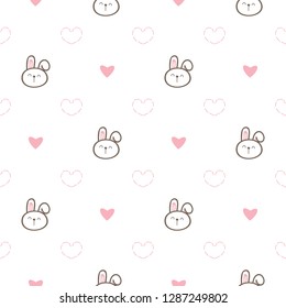 Seamless Pattern with Cute Cartoon Bunny Face and Heart Design on White Background