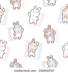 Seamless Pattern of Cute Cartoon Bunny with Square Design on White Background