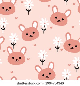 Nahtloses Muster mit süßem Cartoon-Hasen und Blumen für Stoffdruck, Textilien, Geschenkpapier. bunter Vektorgrafik für Kinder, flacher Stil