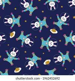 seamless pattern of cute cartoon bunny floating in the space with stars on deep blue background, vector illustration