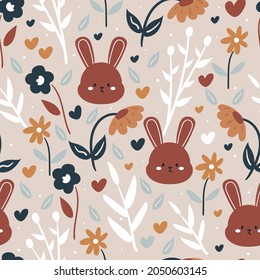 Seamless pattern with cute cartoon bunny and plant for fabric print, textile, gift wrapping paper. colorful vector for textile, flat style