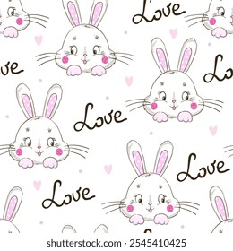 Seamless pattern with a cute cartoon bunny and the inscription love. Vector illustration. Creative childish background.