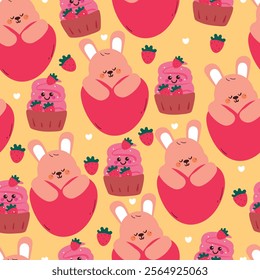 seamless pattern cute cartoon bunny with big pink heart. cute animal drawing for valentine wallpaper, pattern, background