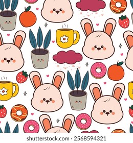 seamless pattern cute cartoon bunny with plant and food. cute animal drawing for wallpaper, pattern, background